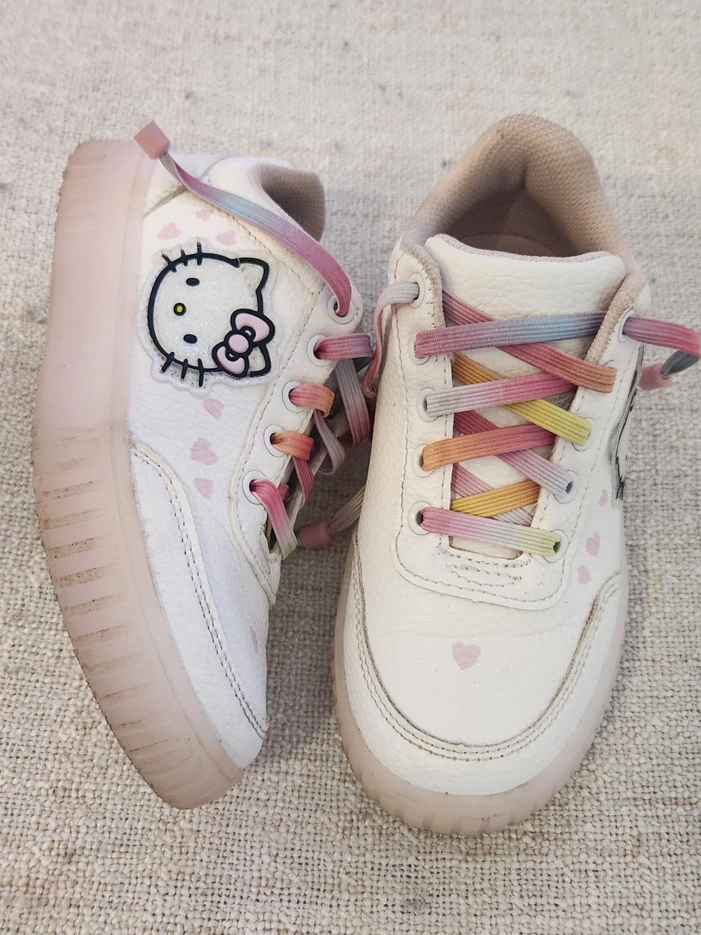 Hello Kitty Kids' White Sneakers with Pastel Rainbow Laces/size 13